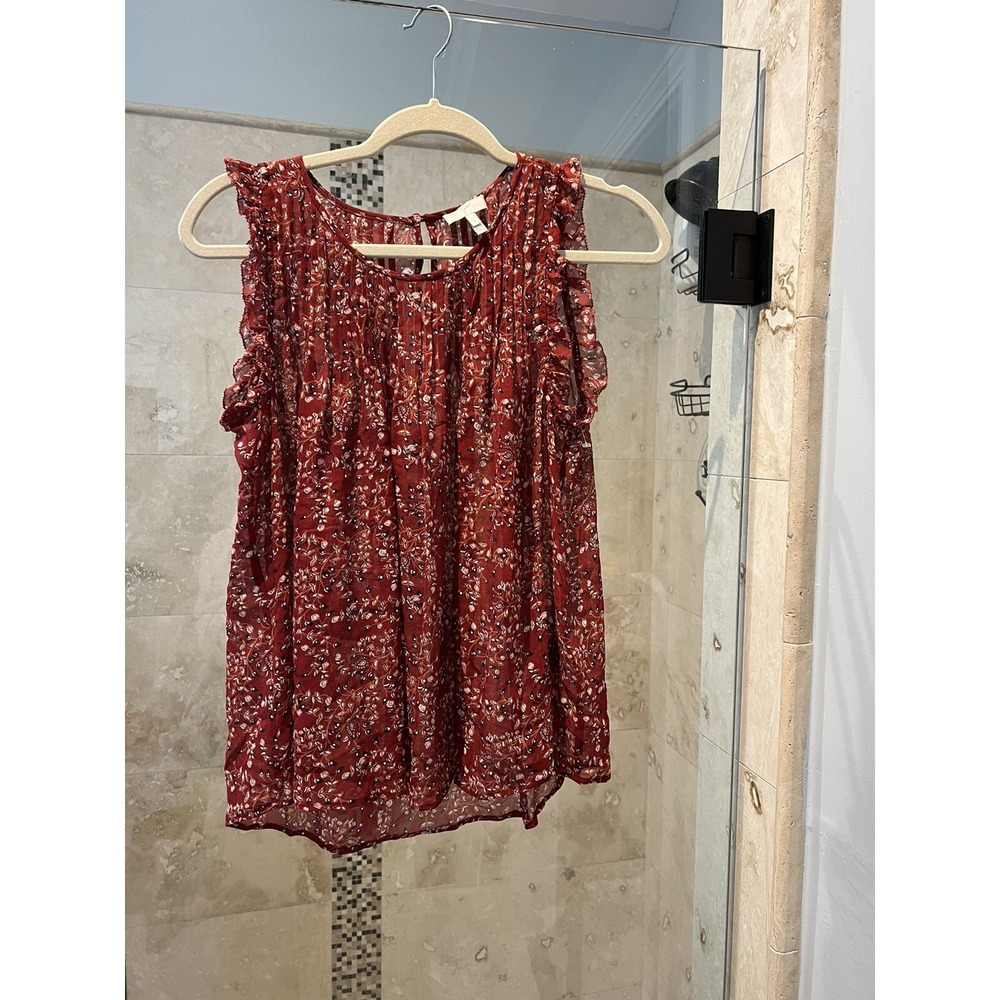 Joie Women Red Ruffle Cap Floral Sheer Sleeveless Silk Top S Paisley Boho